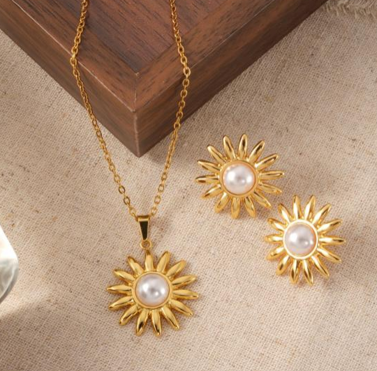 Gold Sunflower Pearl Necklace & Earrings Set – 18K Gold Plated Stainless Steel Jewelry