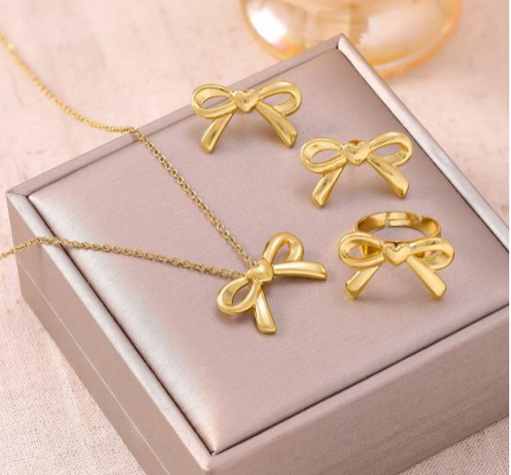 Gold Bow Necklace, Earrings & Ring Set – 18K Gold Plated Stainless Steel Jewelry