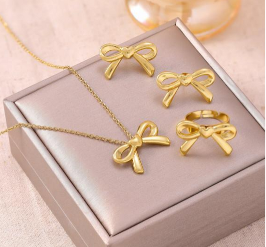 Gold Bow Necklace, Earrings & Ring Set – 18K Gold Plated Stainless Steel Jewelry