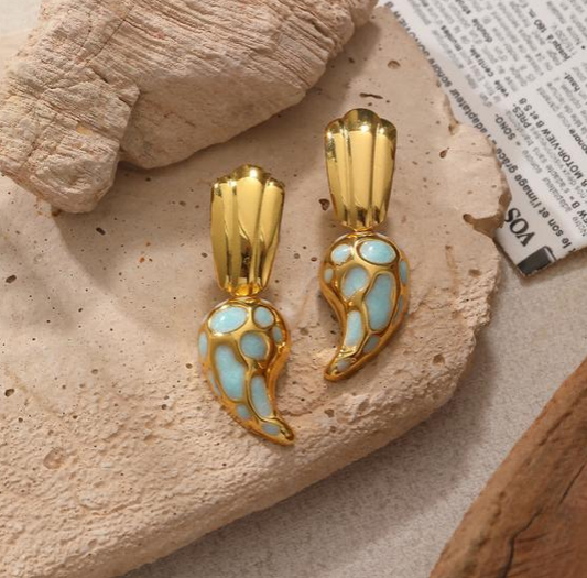 Gold & Sky Blue Enamel Wing Drop Earrings – Stainless Steel Statement Earrings for Women
