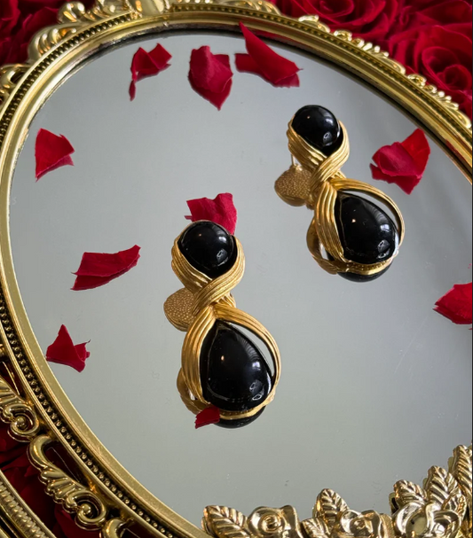 Black Stone Gold Twisted Drop Earrings for Women