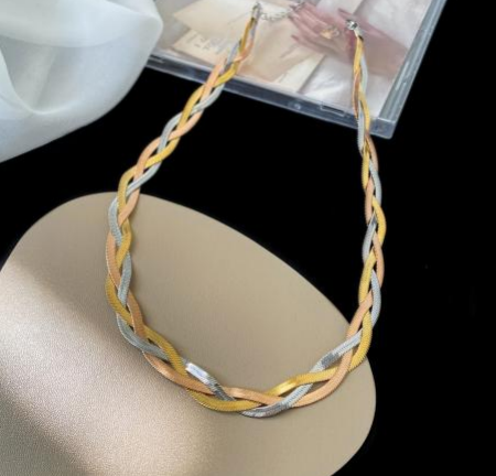 18K Gold Plated Stainless Steel Braided Herringbone Chain Necklace for Women