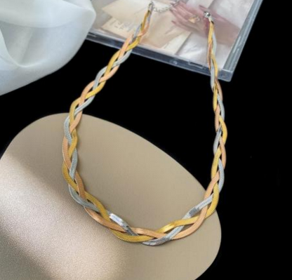18K Gold Plated Stainless Steel Braided Herringbone Chain Necklace for Women
