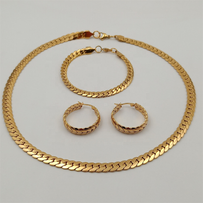 Gold Cuban Chain Necklace, Bracelet & Hoop Earring Set – Stainless Steel Jewelry