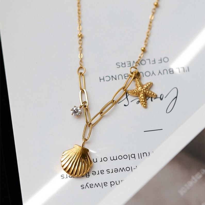 18K Gold Plated Shell & Starfish Charm Necklace | Waterproof Stainless Steel | Women