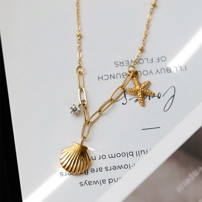 18K Gold Plated Shell & Starfish Charm Necklace | Waterproof Stainless Steel | Women
