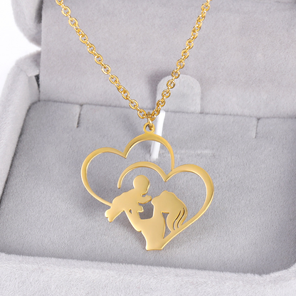 Double Heart Mother & Child Pendant Necklace – Gold & Silver Stainless Steel