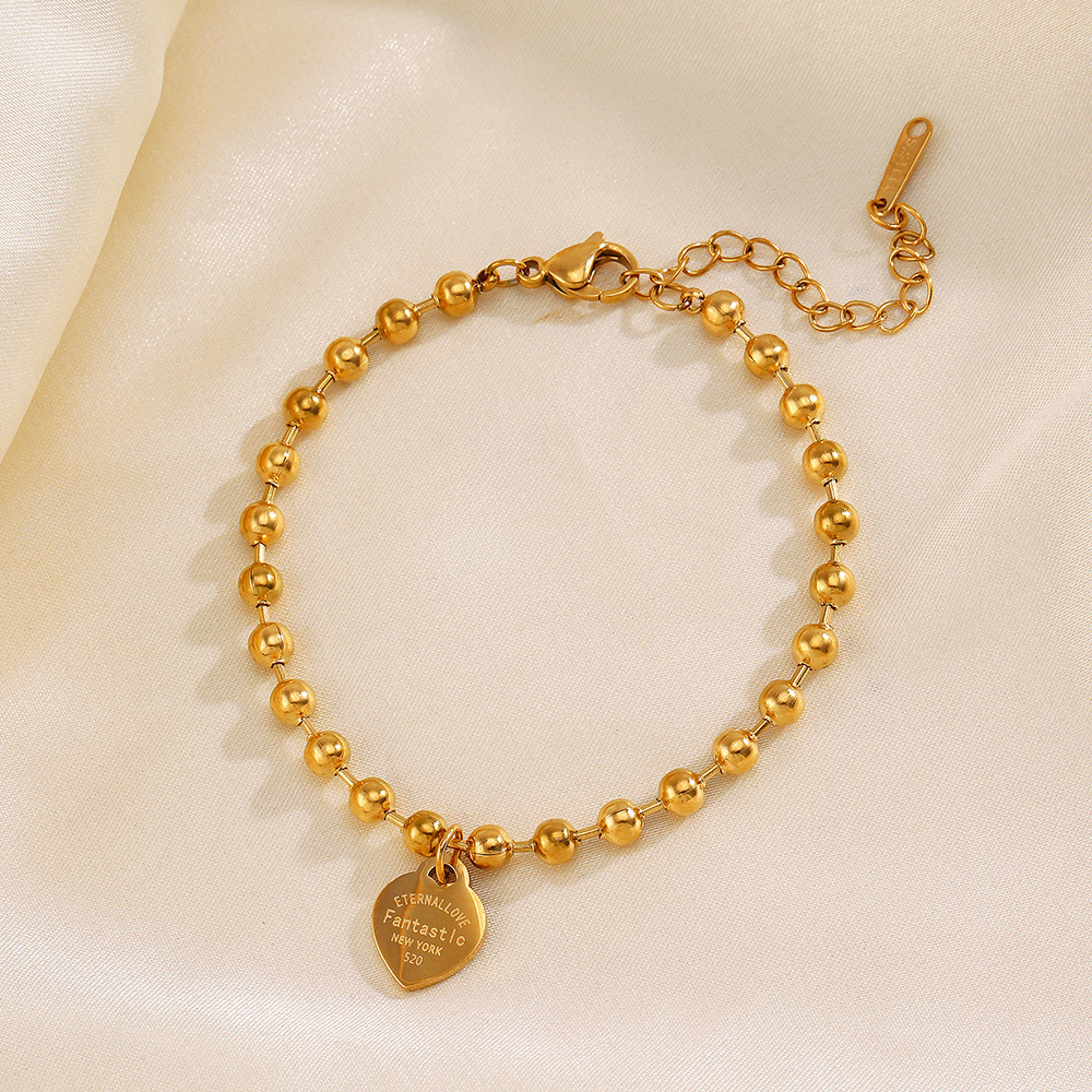 Gold Beaded Heart Charm Bracelet | 18K Gold Plated Stainless Steel