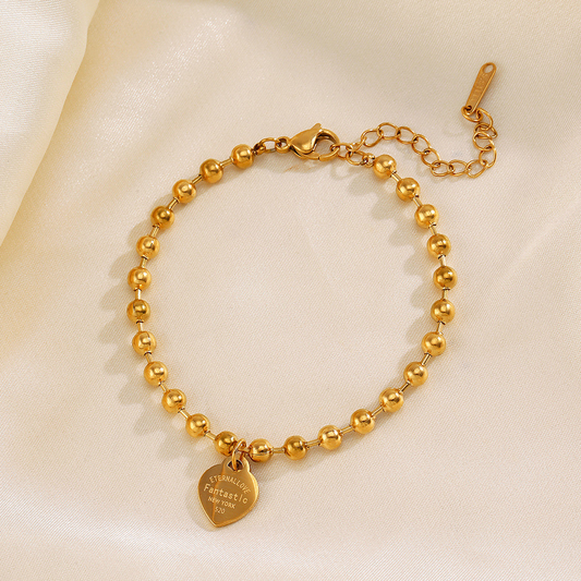 Gold Beaded Heart Charm Bracelet | 18K Gold Plated Stainless Steel