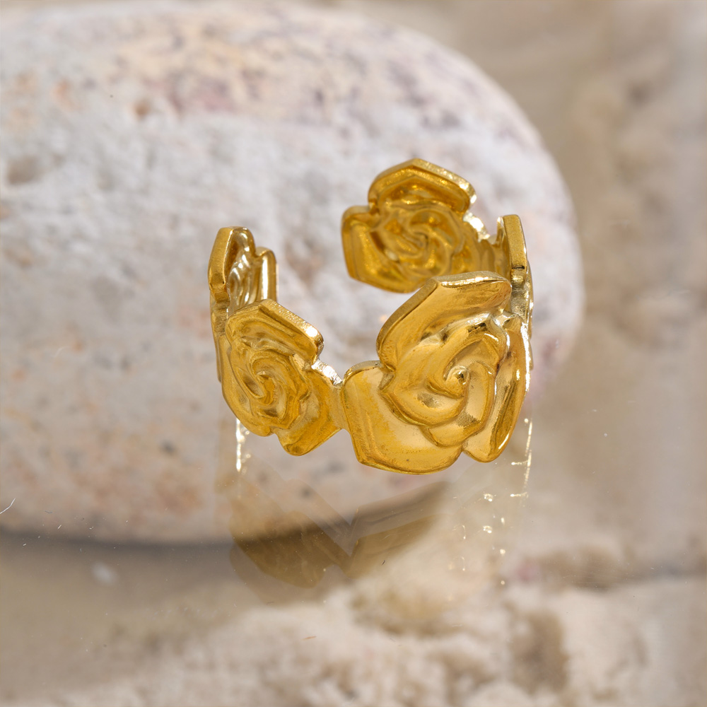 18K Gold Rose Flower Cuff Bangle – Open Adjustable