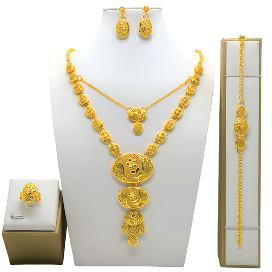 Dubai Filigree Oval 4-Piece Gold Plated Jewelry Set – Long Necklace, Earrings, Bracelet & Ring