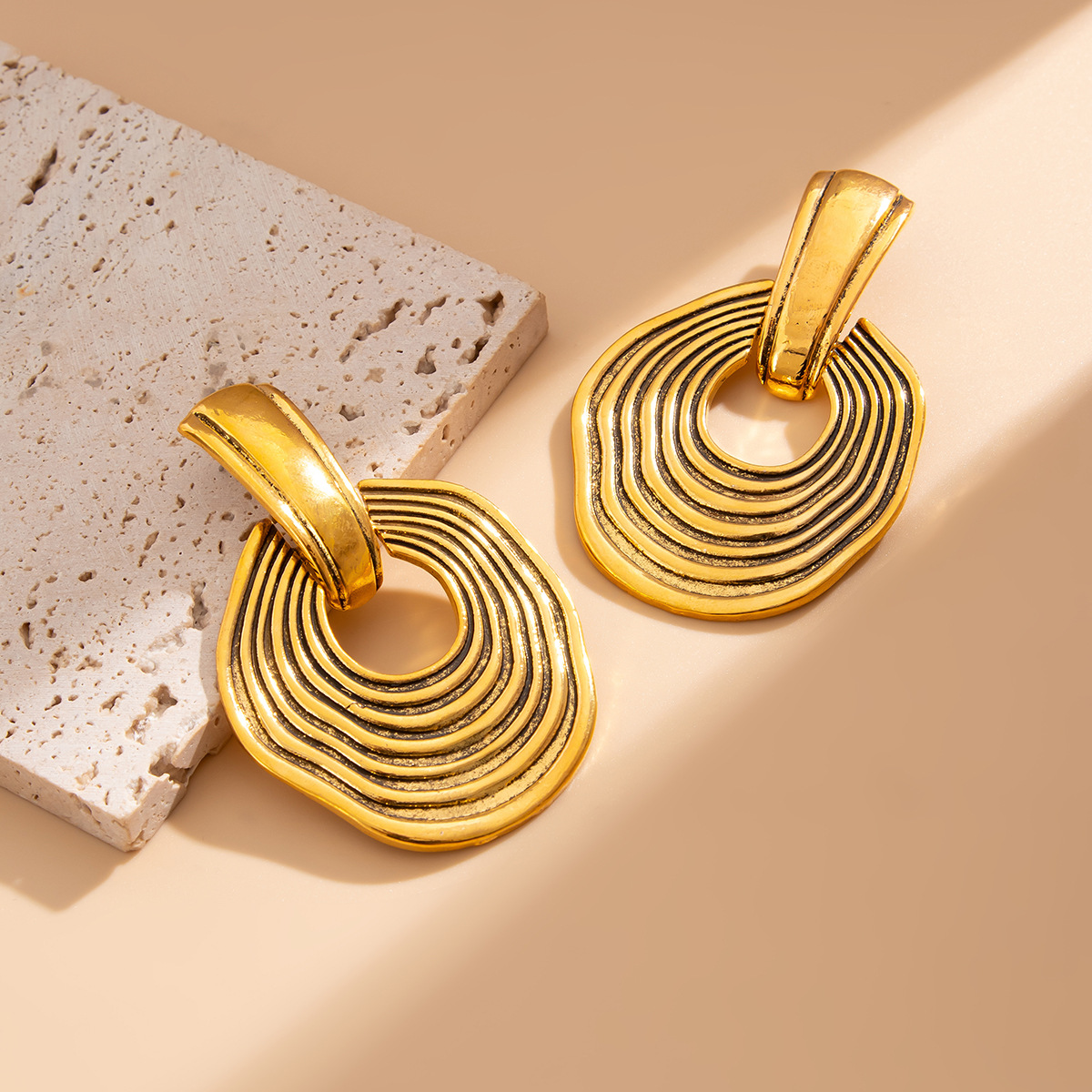 Gold Ridged Geometric Drop Earrings