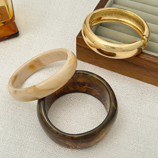 Chunky Wide Resin & Metal Bangle Set – 18K Gold Plated