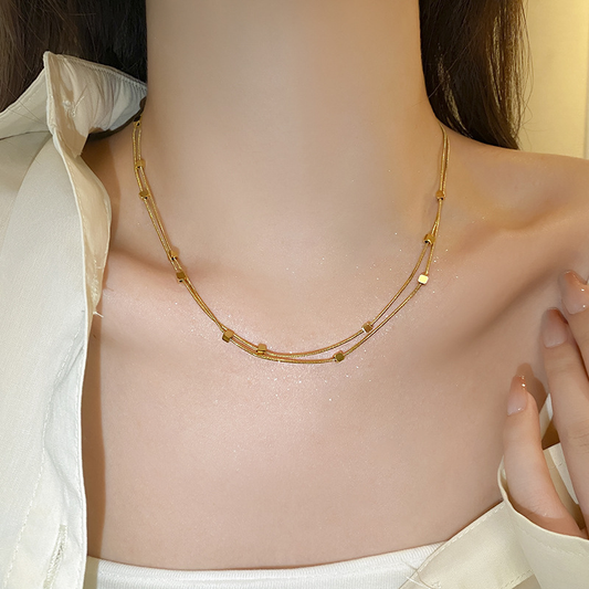 Double Layer Square Bead Clavicle Necklace – 18K Gold Plated Stainless Steel