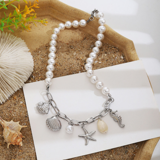 Pearl & Gold Ocean Charm Necklace
