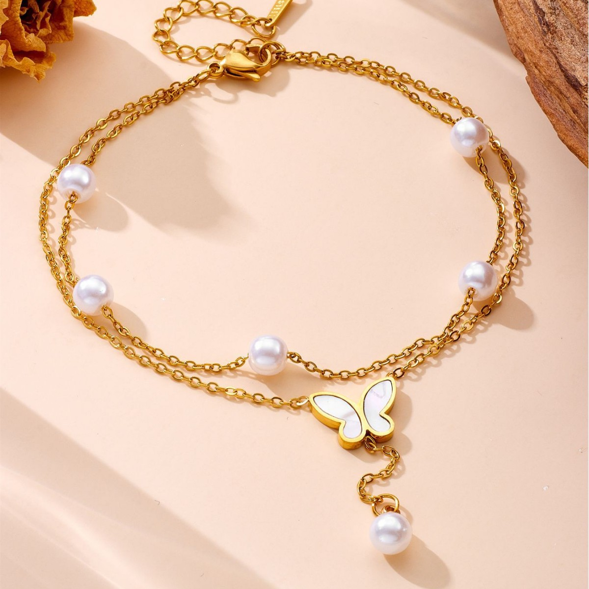 Double Layer Pearl & Shell Butterfly Charm Anklet – 18K Gold Stainless Steel
