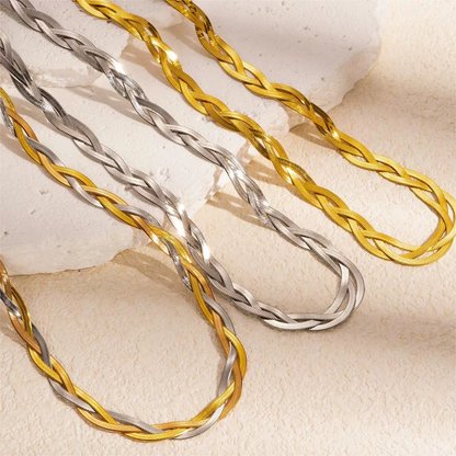 18K Gold Plated Stainless Steel Braided Herringbone Chain Necklace for Women