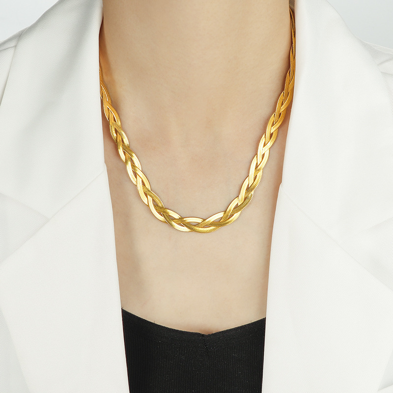 18K Gold Plated Stainless Steel Braided Herringbone Chain Necklace for Women