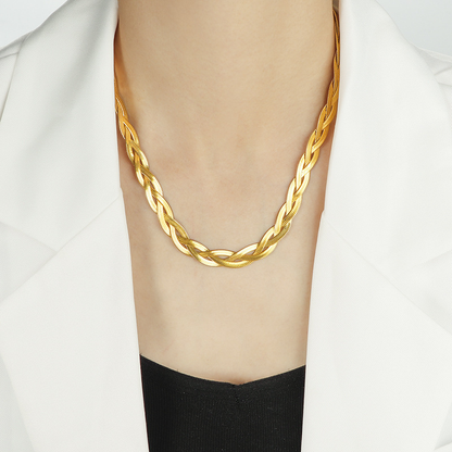 18K Gold Plated Stainless Steel Braided Herringbone Chain Necklace for Women