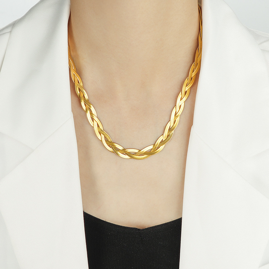 18K Gold Plated Stainless Steel Braided Herringbone Chain Necklace for Women
