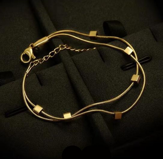 Gold Double Layer Cube Charm Snake Chain Bracelet – 18K Gold Plated