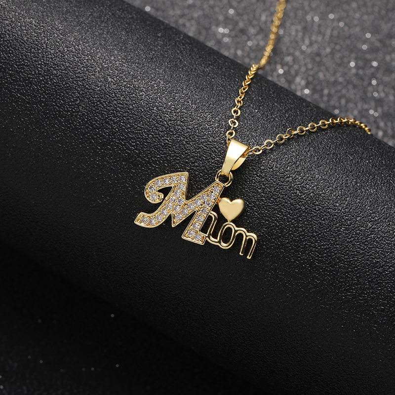 Mom Heart Pendant Necklace – Gold Plated Zircon Letter Charm