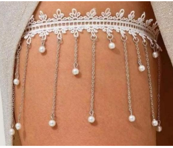 White Lace & Pearl Chain Thigh Cuff – Bridal Leg Garter Body Jewelry