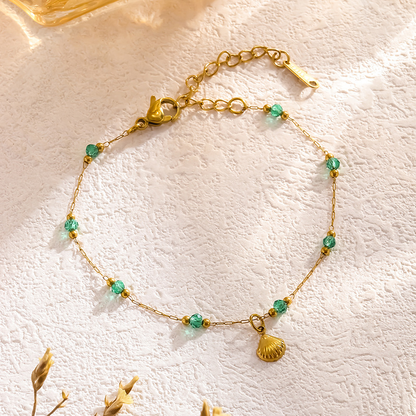 Green Crystal Bead & Shell Charm Anklet – Titanium Steel Gold Plated
