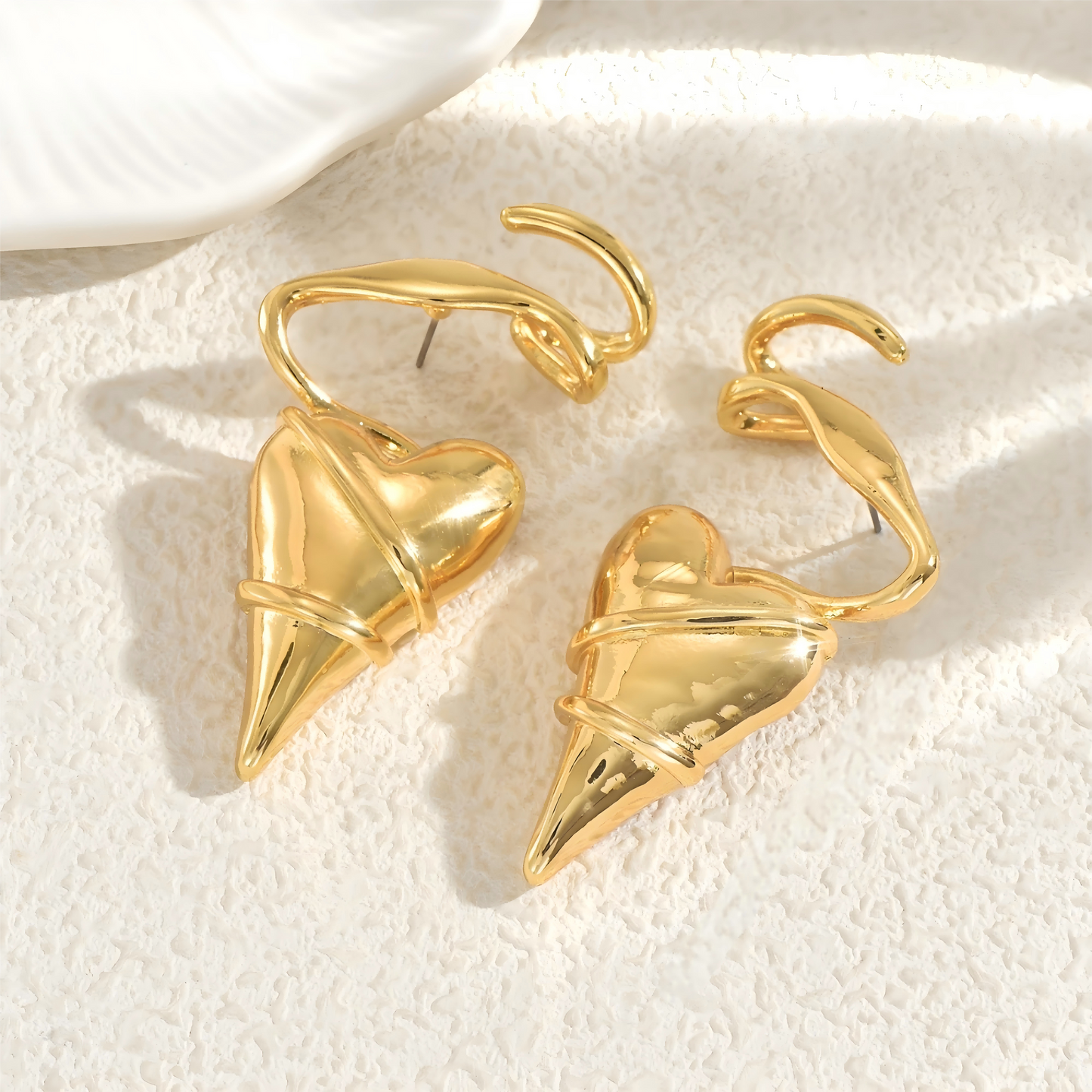 Gold Spiral Heart Drop Stud Earrings