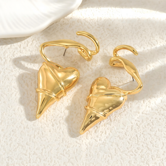 Gold Spiral Heart Drop Stud Earrings
