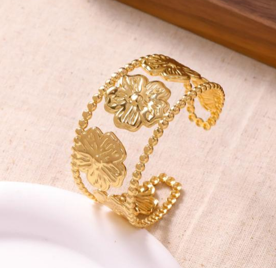 Gold Plated Flower Cuff Bangle – Unisex Chunky Open Bracelet