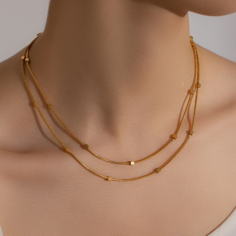 Double Layer Square Bead Clavicle Necklace – 18K Gold Plated Stainless Steel