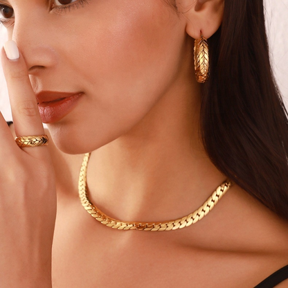 Gold Cuban Chain Necklace, Bracelet & Hoop Earring Set – Stainless Steel Jewelry