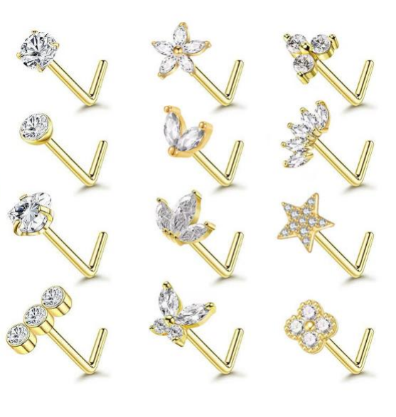 Gold Crystal Charm L-Shaped Nose Studs – 12 Designs Zircon Nose Piercing Jewelry