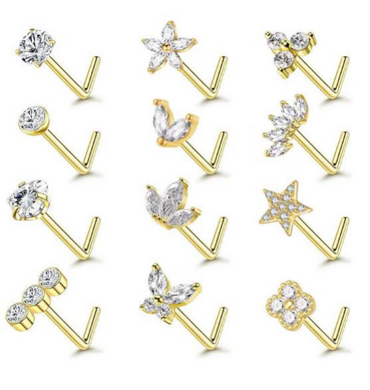 Gold Crystal Charm L-Shaped Nose Studs – 12 Designs Zircon Nose Piercing Jewelry