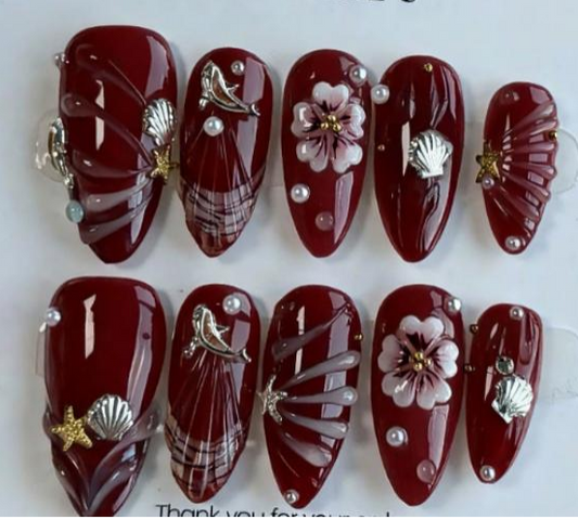 Deep Red Ocean Charm Press-On Nails – Luxury 3D Almond False Nails
