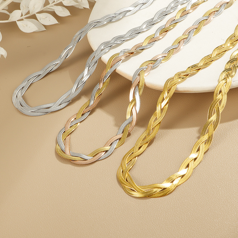 18K Gold Plated Stainless Steel Braided Herringbone Chain Necklace for Women