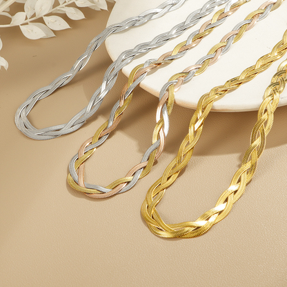 18K Gold Plated Stainless Steel Braided Herringbone Chain Necklace for Women