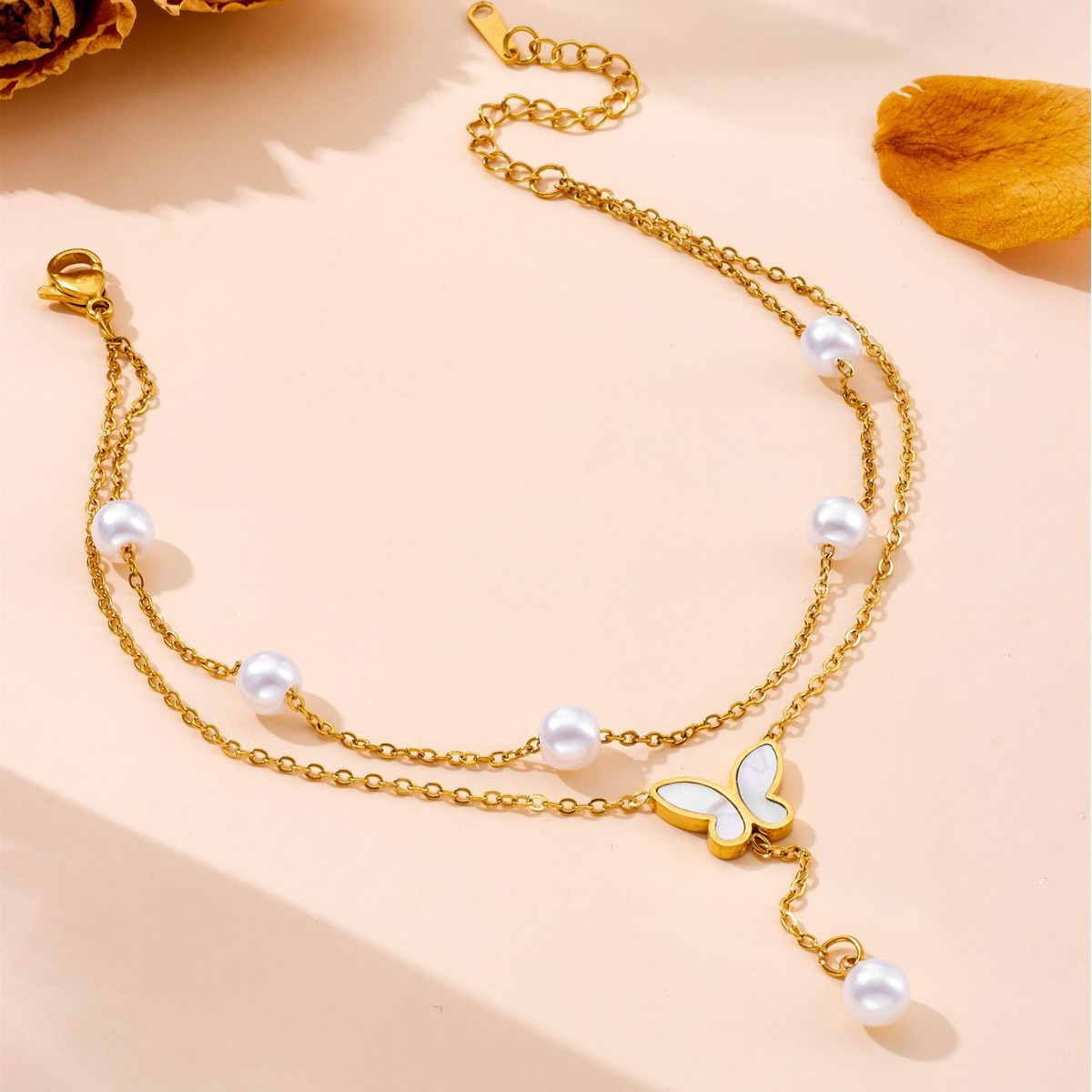 Double Layer Pearl & Shell Butterfly Charm Anklet – 18K Gold Stainless Steel