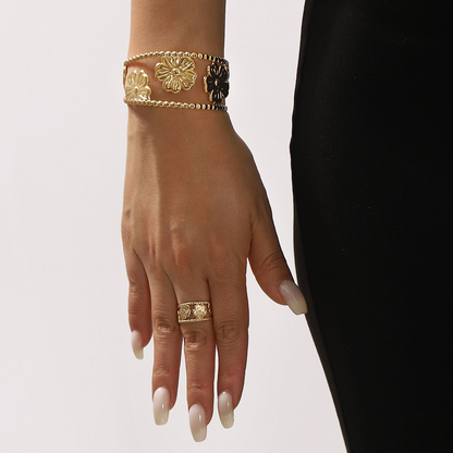 Gold Plated Flower Cuff Bangle – Unisex Chunky Open Bracelet