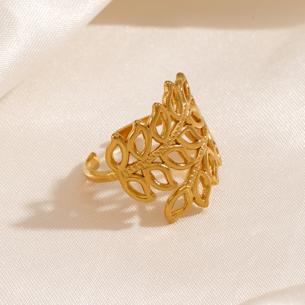 Gold Hollow Leaf Branch Open Ring – 18K Gold Plated Stainless Steel Adjustable Ring