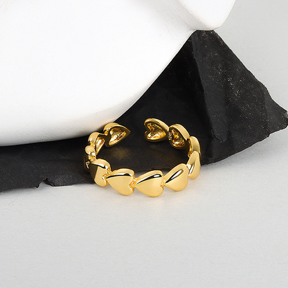 18K Gold Plated Linked Hearts Open Ring | Adjustable | Women & Wedding