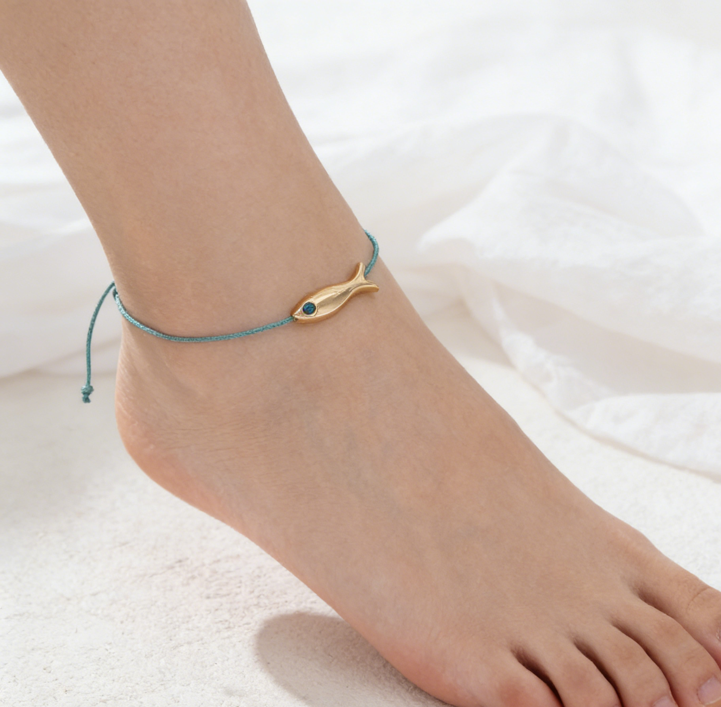 Gold Fish Charm Adjustable String Anklet – Boho Beach Jewelry