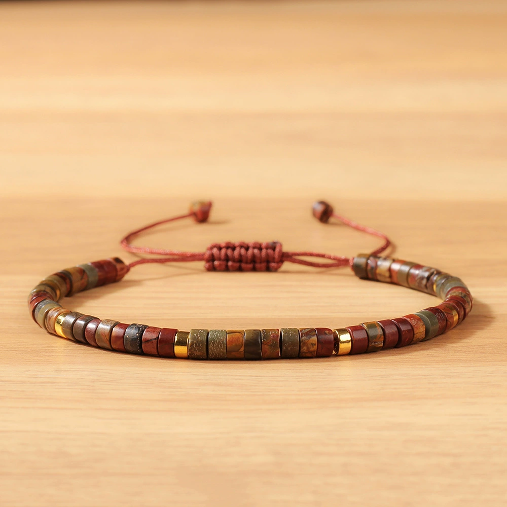 Red Jasper Heishi Bead Adjustable Bracelet – Handmade Gold Accent Natural Stone