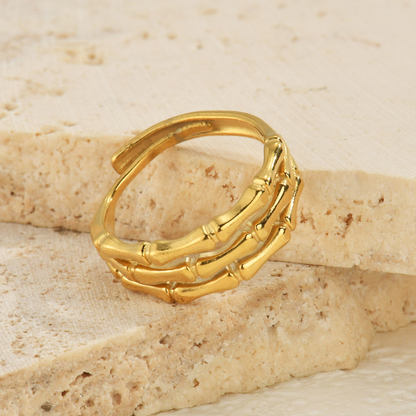 18K Gold PVD Triple Layer Bamboo Texture Open Ring | Adjustable Stainless Steel | Women
