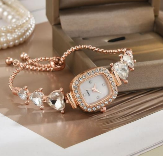 Fashion Rectangle Quartz Wrist Watch for Women – Luxury Heart Rhinestone Crystal Bracelet