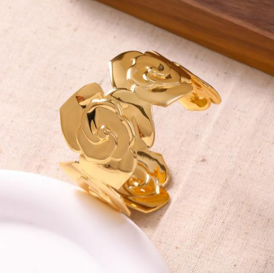 18K Gold Rose Flower Cuff Bangle – Open Adjustable