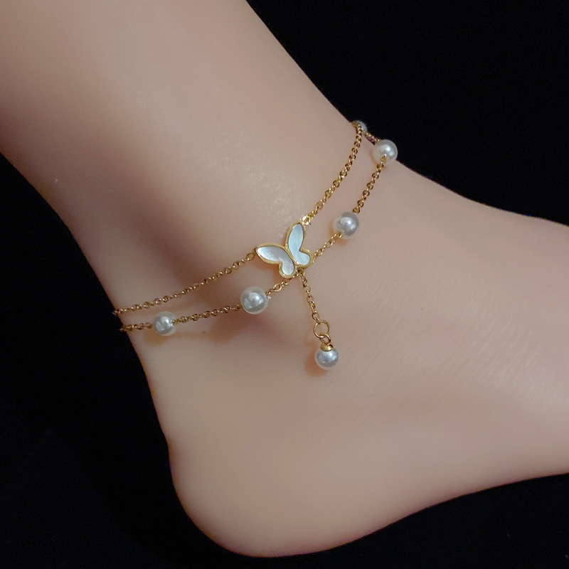 Double Layer Pearl & Shell Butterfly Charm Anklet – 18K Gold Stainless Steel