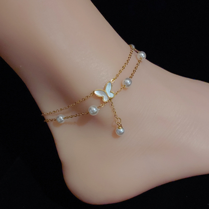 Double Layer Pearl & Shell Butterfly Charm Anklet – 18K Gold Stainless Steel
