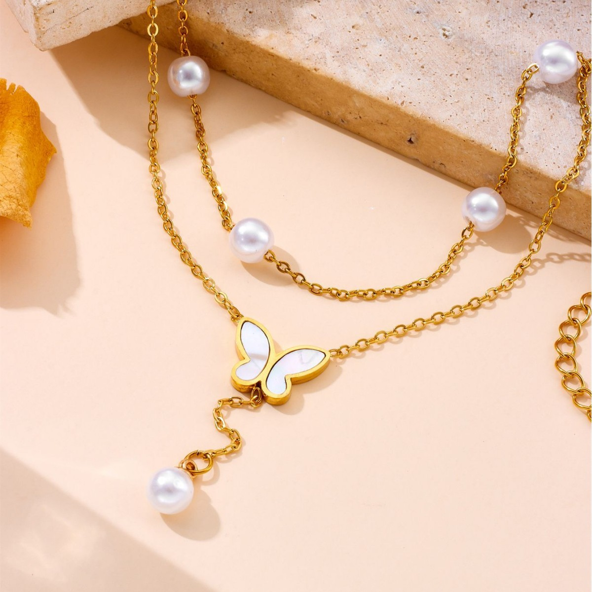 Double Layer Pearl & Shell Butterfly Charm Anklet – 18K Gold Stainless Steel